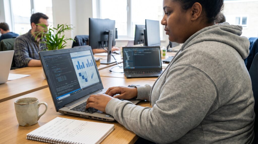 Une personne travaillant sur un ordinateur portable en programmant en Python, avec des notes et une tasse de café sur la table.