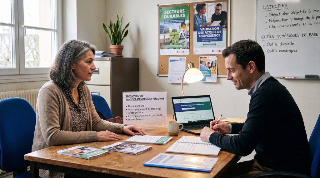 Une femme de 50 ans en consultation avec un conseiller, discutant des opportunités de reconversion professionnelle, dans un bureau lumineux.