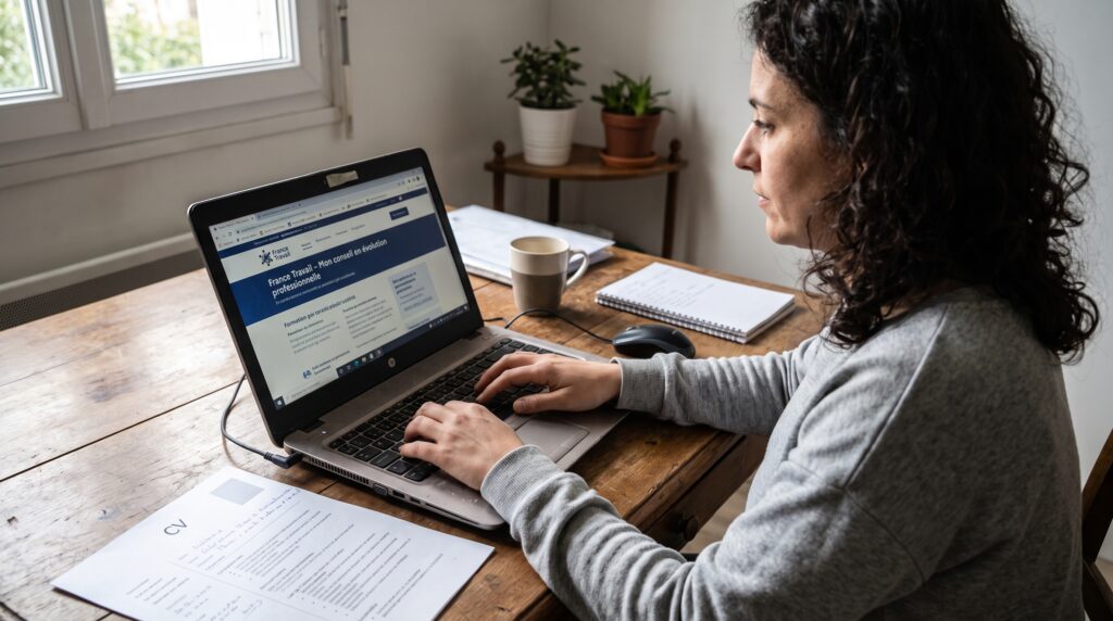 Femme travaillant sur un ordinateur portable, consulté des informations sur la reconversion professionnelle, avec des documents et une tasse de café sur la table.
