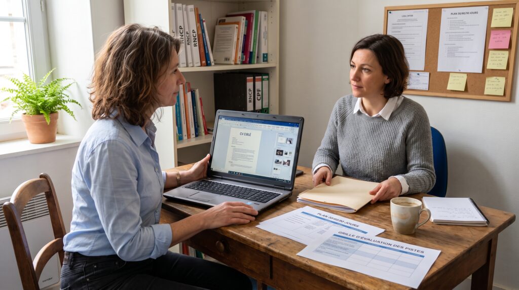Deux femmes discutant autour d'une table, l'une montrant des informations sur un ordinateur portable concernant la reconversion professionnelle.