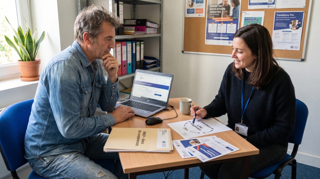 Un homme et une femme discutent lors d'un entretien de reconversion professionnelle, avec un ordinateur et des documents sur la table.