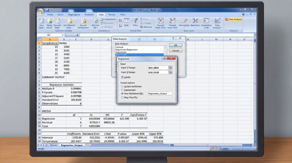 Capture d'écran d'Excel montrant l'option de régression linéaire dans un tableau de données.