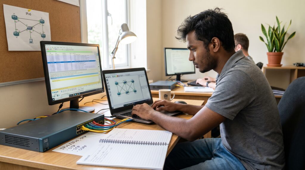 Un professionnel travaillant sur des ordinateurs portables dans un bureau, analysant des données de réseaux et de télécommunications.