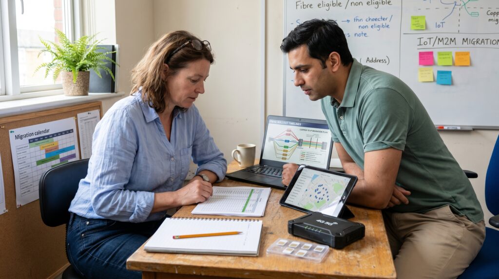 Deux personnes travaillant ensemble sur un projet, examinant des graphiques et des notes sur une table, avec un ordinateur portable en arrière-plan.