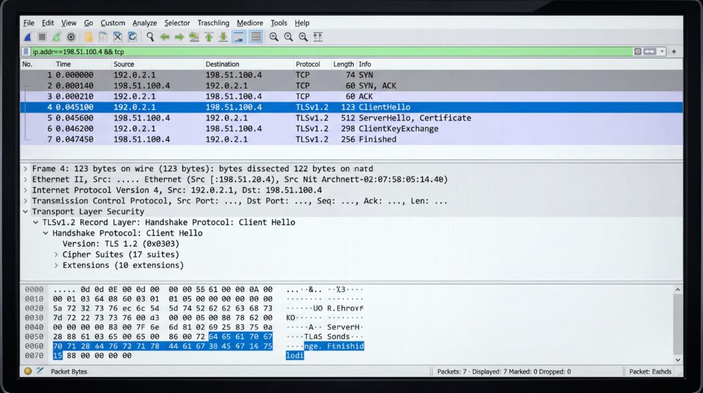 Capture d'écran d'un logiciel d'analyse de réseau montrant des données de surveillance des paquets.