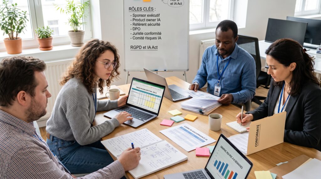 Quatre professionnels assis autour d'une table en train de discuter et d'analyser des données sur des ordinateurs portables pendant une réunion.