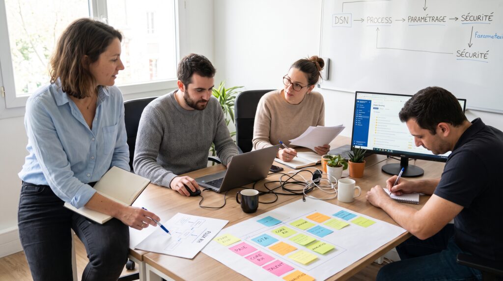 Quatre professionnels collaborant autour d'une table, une femme présente des documents pendant que les autres prennent des notes et travaillent sur un ordinateur.