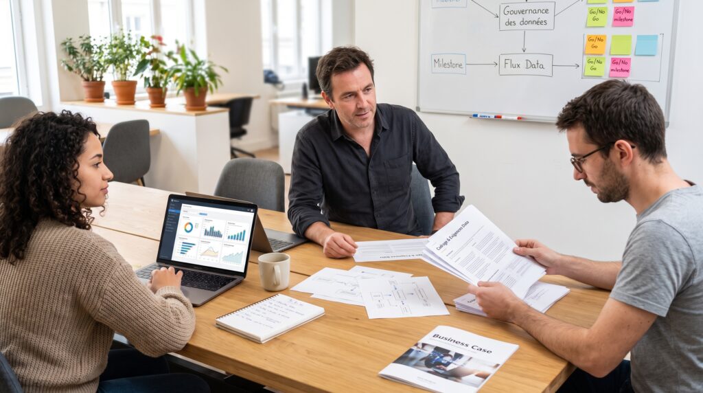 Trois professionnels discutant autour d'une table, analysant des documents et utilisant un ordinateur portable pour un projet lié à la data.