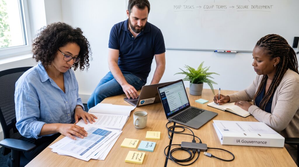 Trois personnes travaillant ensemble autour d'une table, analysant des documents et utilisant des ordinateurs portables dans un environnement de bureau.