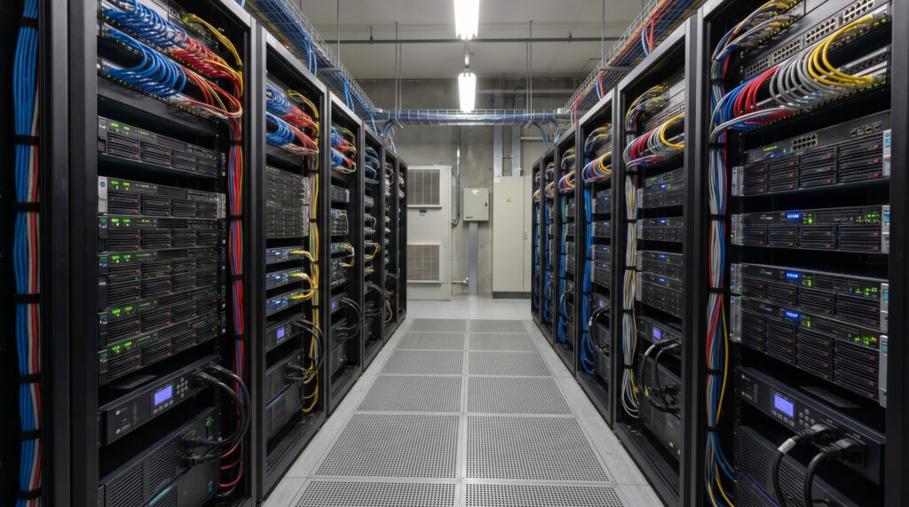 Vue intérieure d'une salle de serveurs avec des équipements de réseau sophistiqués.
