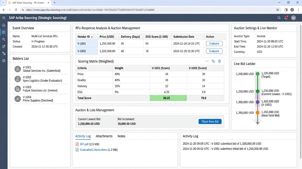 Capture d'écran du tableau de bord de SAP Ariba montrant les fonctionnalités de gestion des approvisionnements.