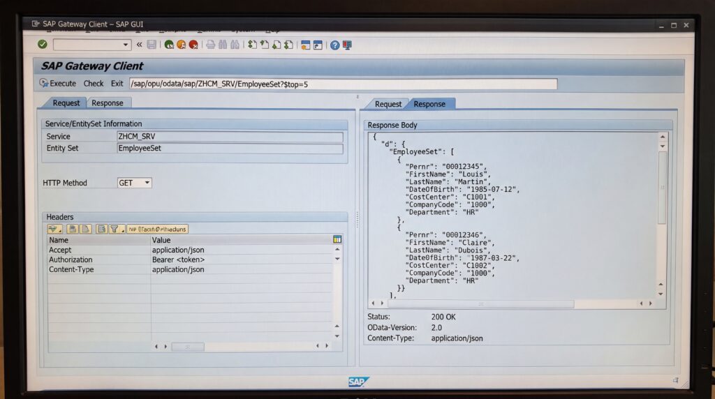 Écran d'interface SAP HCM affichant les fonctionnalités de gestion des talents et des processus RH.