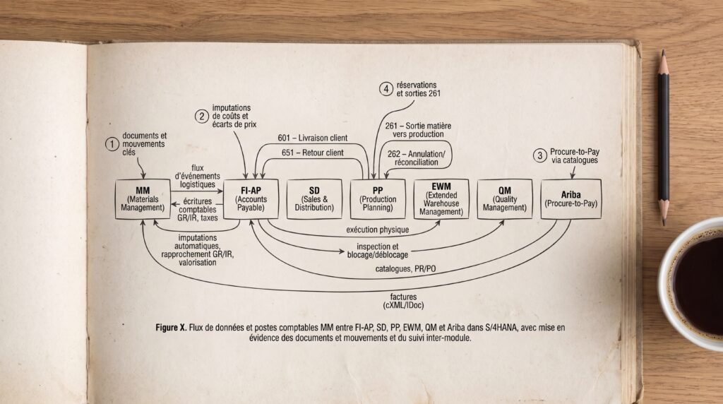 Schéma illustrant le fonctionnement du module SAP MM avec ses processus et interactions.
