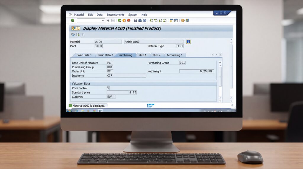 Écran d'ordinateur affichant l'interface de SAP MM avec des informations sur les produits.