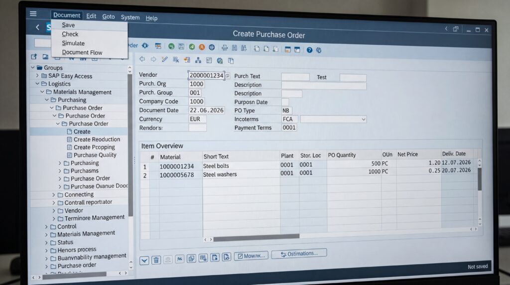 Écran de l'interface utilisateur du module SAP MM affichant la création d'une commande d'achat.