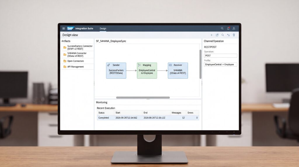 Capture d'écran de l'outil SAP SuccessFactors affichée sur un moniteur, montrant les différentes étapes de l'interface utilisateur.