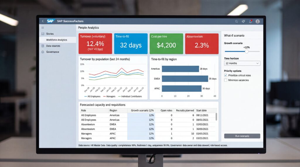 Capture d'écran du tableau de bord SAP SuccessFactors montrant des statistiques de performance avec des graphiques et des indicateurs clés.