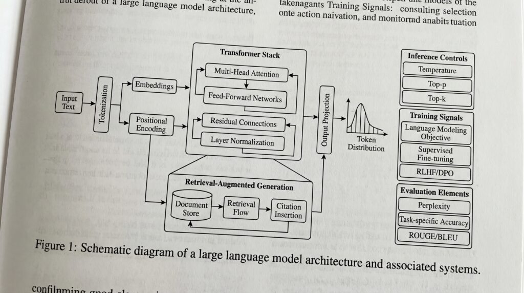 Diagramme schématique illustrant l'architecture d'un modèle de langage large et ses systèmes associés.