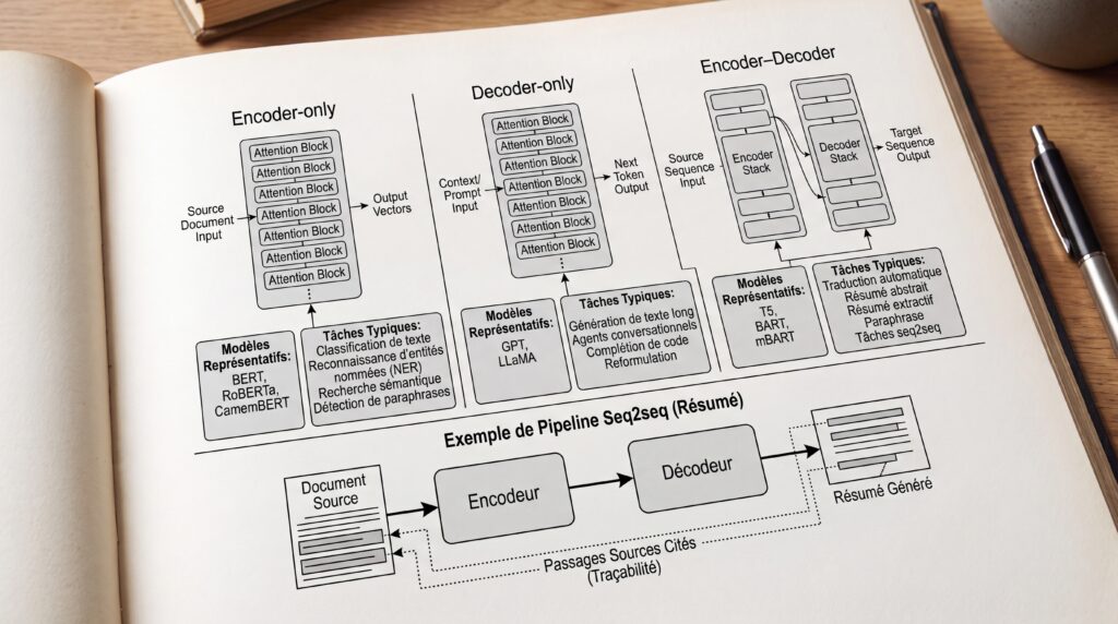 Schéma illustrant différents types de modèles de transformers en intelligence artificielle, avec des exemples de pipelines de traitement.