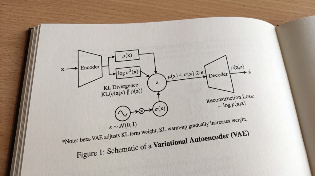 Schéma illustrant le fonctionnement d'un Autoencodeur Variationnel (VAE) montrant les composantes du encodeur et décodeur.