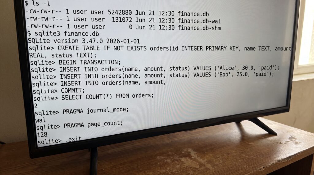 Capture d'écran d'une interface de SQLite affichant des commandes SQL pour la gestion de bases de données.