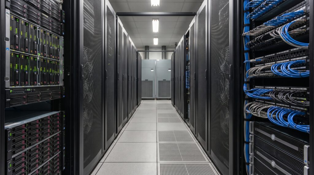 Vue d'un couloir dans un datacenter avec des serveurs alignés et des câbles réseau.