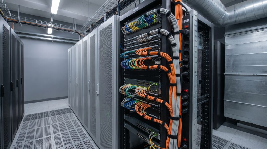 Vue intérieure d'une salle de serveurs informatiques avec des câblages organisés, représentant l'infrastructure technologique avancée en 2025.