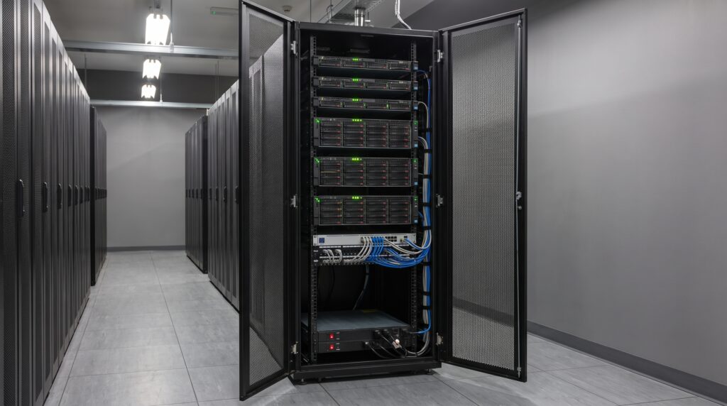 Serveur de données dans un datacenter, avec des étagères de matériel informatique et des câbles.
