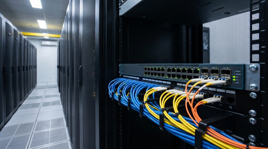 Vue d'un serveur avec des câbles Ethernet colorés connectés à un switch dans une salle de serveur.