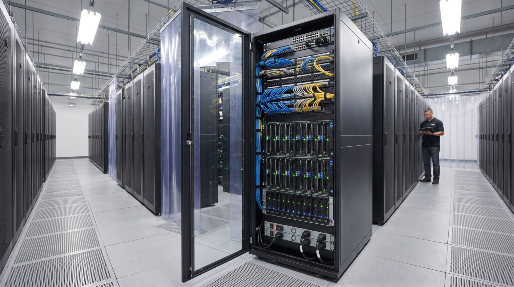 Serveurs racks dans un data center moderne, avec un technicien inspectant l'équipement.