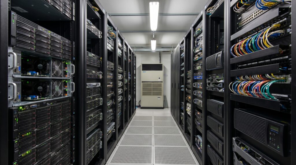 Vue d'un couloir de serveur dans un datacenter avec des équipements de stockage et des câbles réseau.