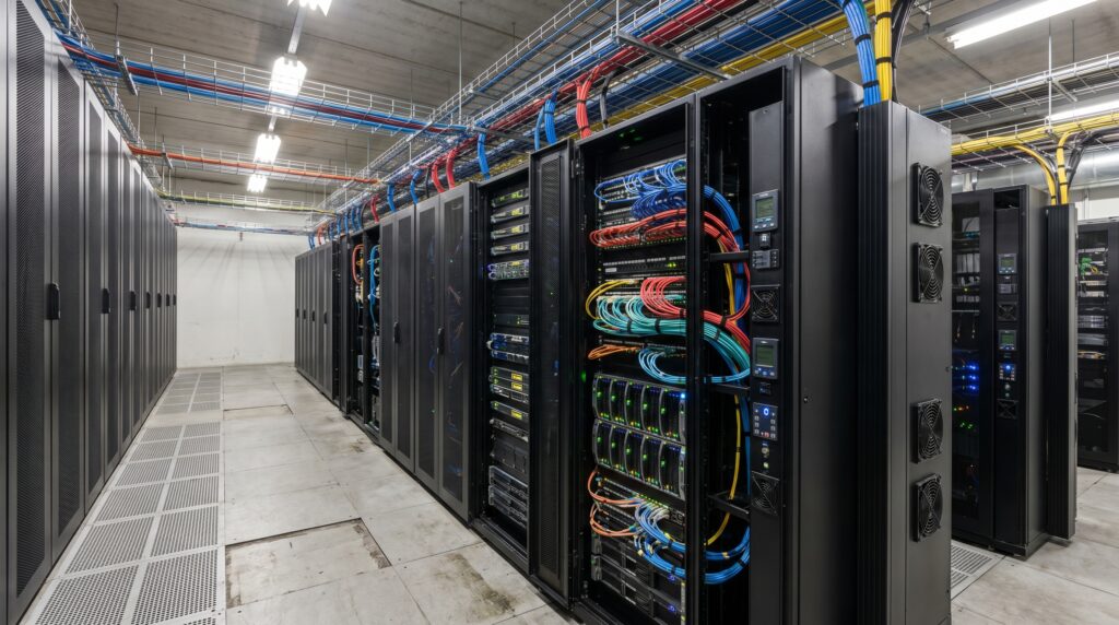 Vue d'un data center avec des serveurs et des câbles réseau organisés.