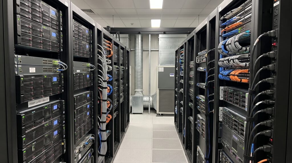 Vue intérieure d'un datacenter avec des serveurs organisés dans des racks.