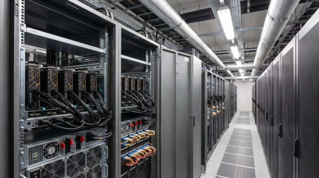 Vue intérieure d'un datacenter avec des serveurs racks équipés pour le fonctionnement de Hashcat.
