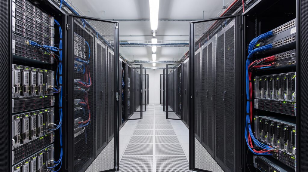 Vue d'un datacenter avec des rangées de serveurs informatiques, illustrant l'infrastructure utilisée pour le traitement des données.