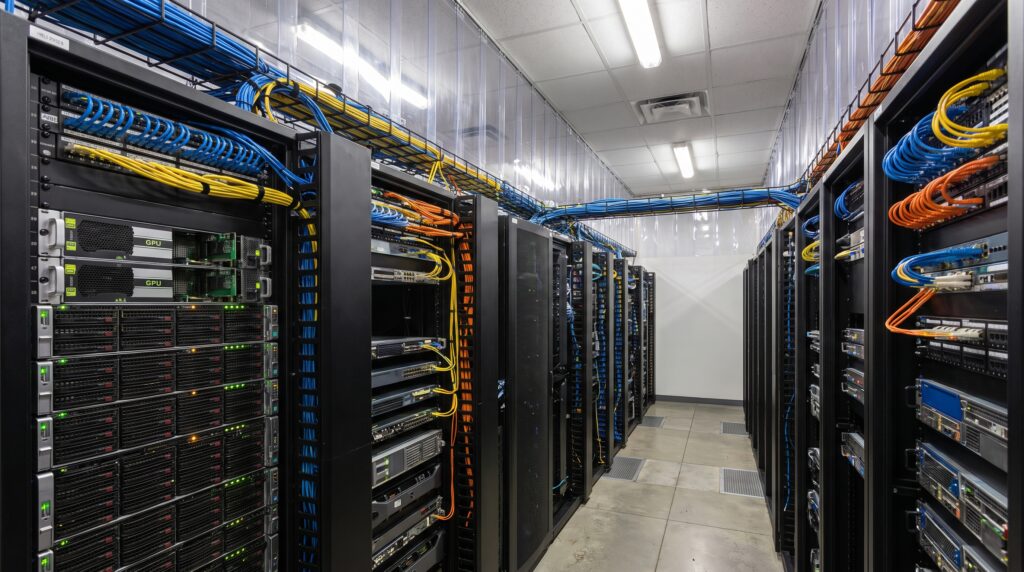 Vue d'un datacenter avec des serveurs alignés et des câbles colorés, représentant l'infrastructure essentielle pour les modèles de transformation en intelligence artificielle.