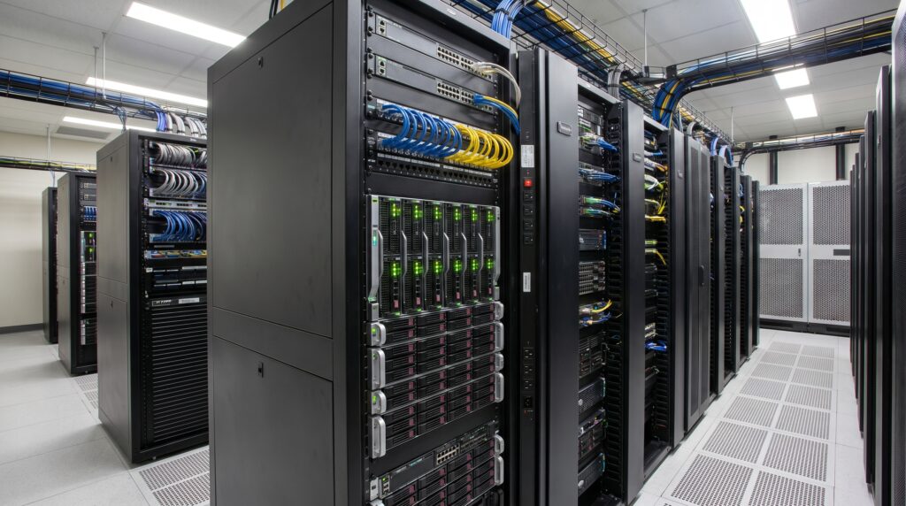 Vue de serveurs dans un datacenter moderne dotés de systèmes de câblage avancés.