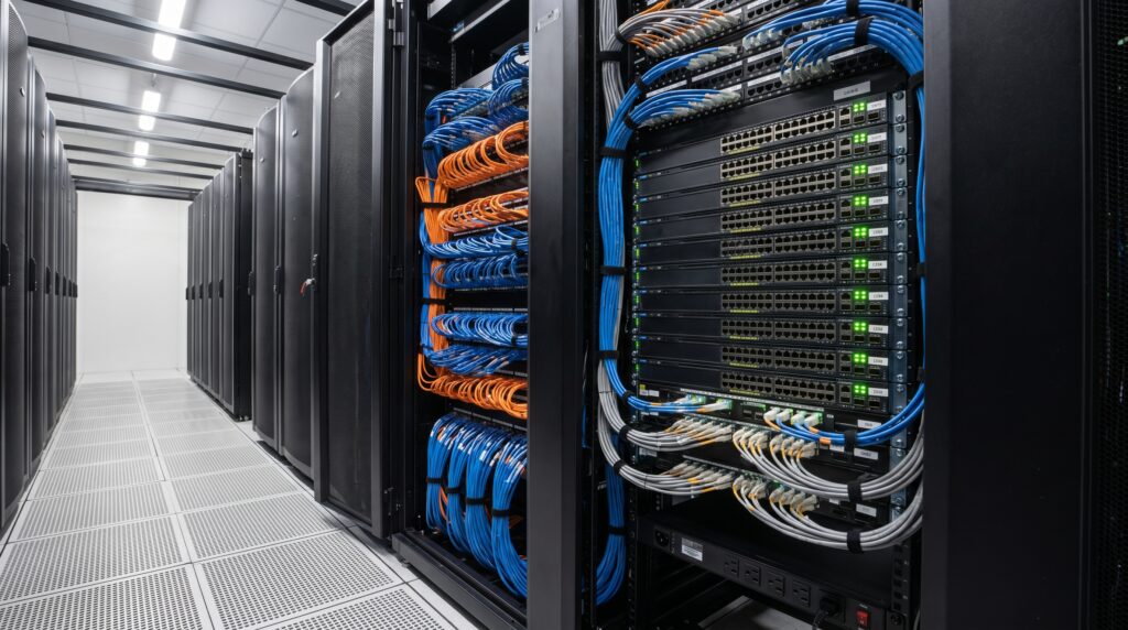 Intérieur d'une salle de serveurs avec des câbles de réseau organisé, illustrant l'infrastructure des protocoles réseau.