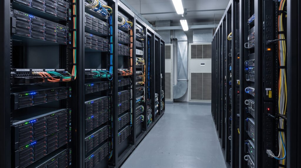 Vue d'une salle de serveurs avec des équipements de stockage pour gérer les données Hadoop.