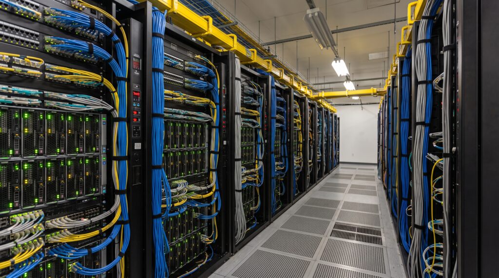 Vue de l'intérieur d'une salle de serveurs avec du matériel informatique sophistiqué, illustrant l'environnement où Jenkins peut être utilisé.