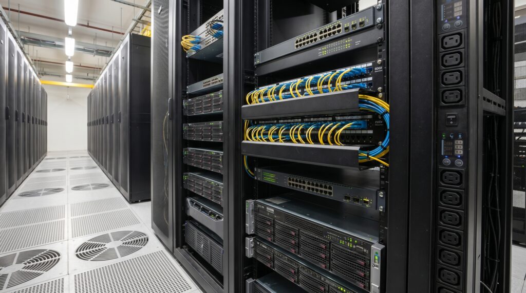 Intérieur d'une salle de serveurs avec des équipements de réseau pour les télécommunications.