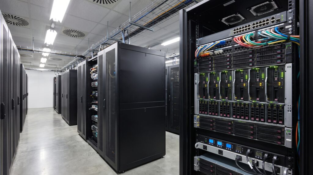 Salle de serveurs avec plusieurs racks de matériel informatique, illustrant un environnement de traitement des données.