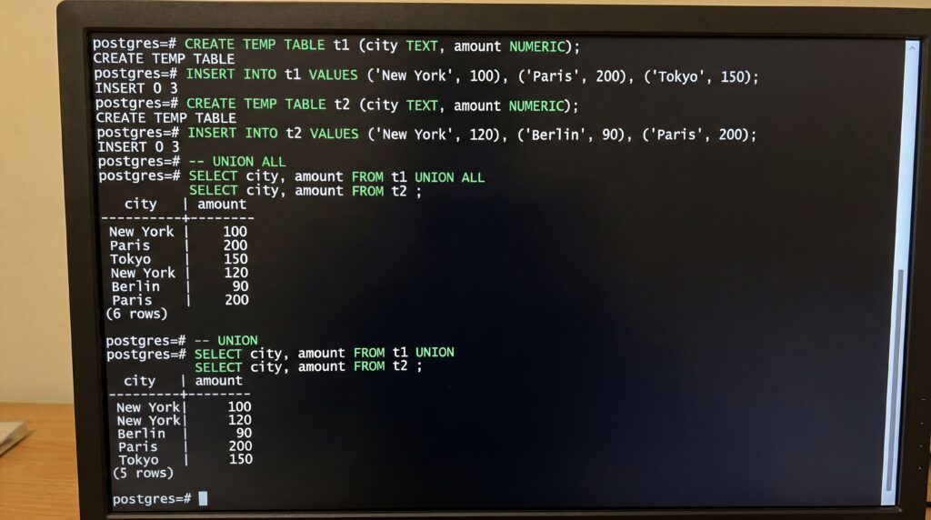 Capture d'écran d'un terminal montrant des requêtes SQL exécutées pour extraire des données sur les villes et leurs montants.