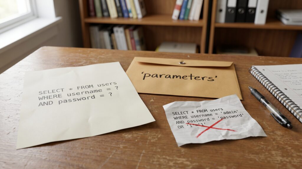 Documents illustrant des requêtes SQL sur une table, avec une feuille sur le langage SQL et une enveloppe contenant des paramètres.
