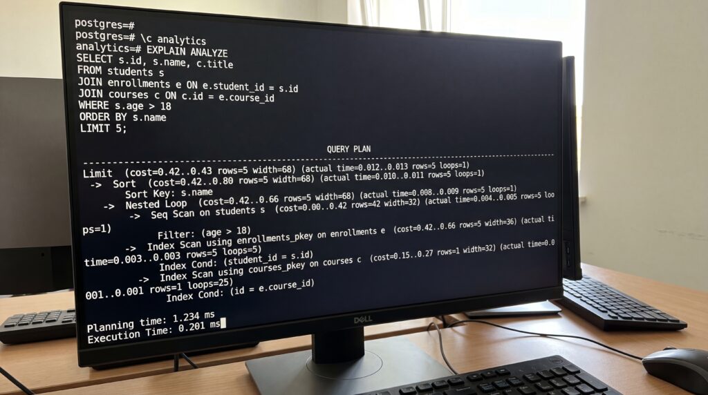 Écran d'ordinateur affichant du code SQL en cours d'exécution sur une base de données.