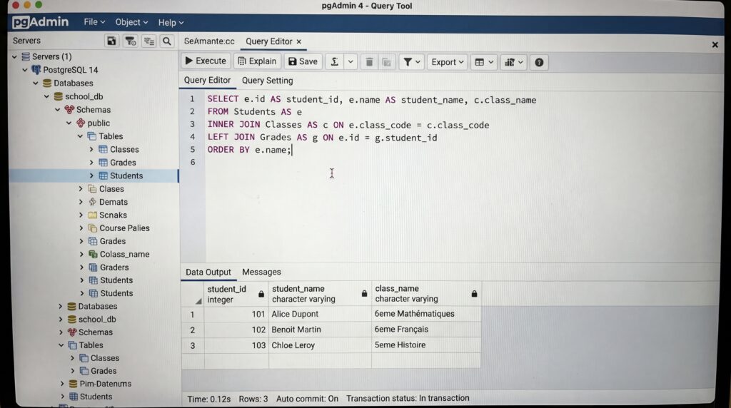 Capture d'écran d'une interface SQL montrant une requête de base de données avec des instructions SELECT et WHERE.