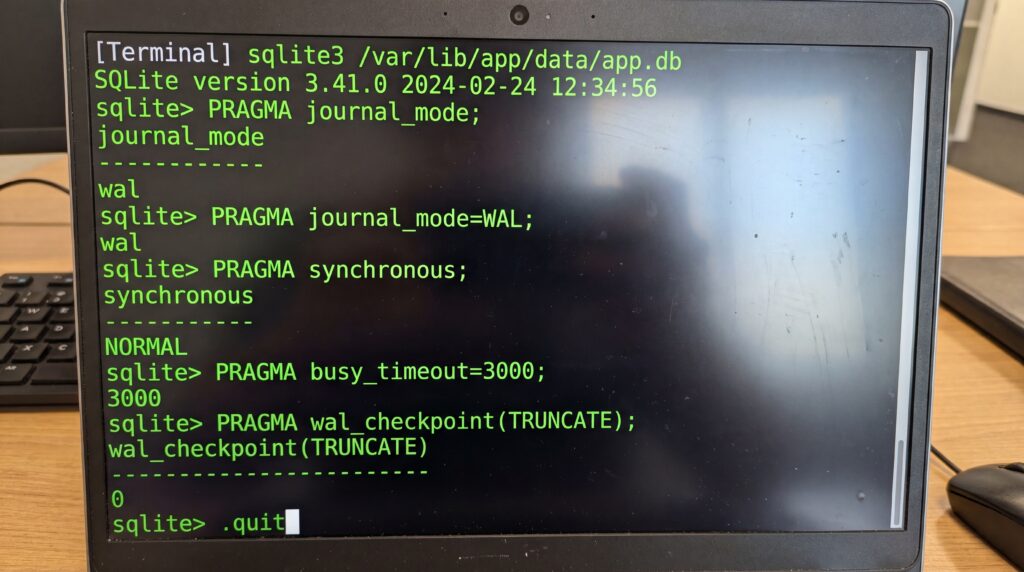 Capture d'écran d'un terminal affichant des commandes SQLite avec des résultats et des options de configuration.