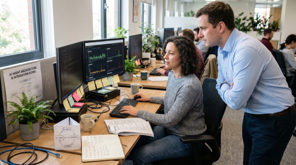 Une employée travaillant sur un ordinateur dans un bureau moderne, avec un collègue observant les écrans affichant des données.