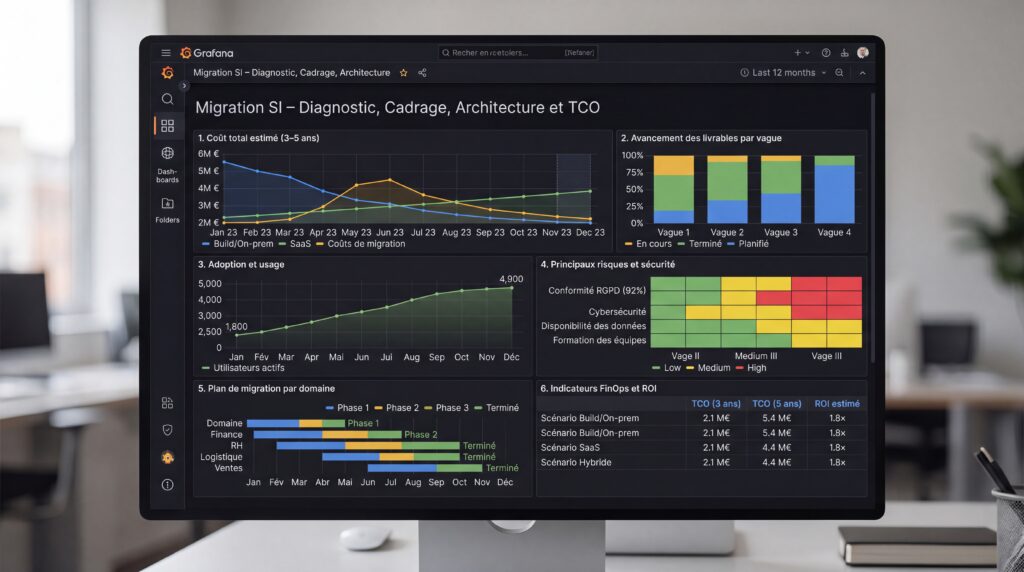 Écran d'ordinateur affichant un tableau de bord d'analyse des données du système d'information avec des graphiques et des indicateurs de performance.