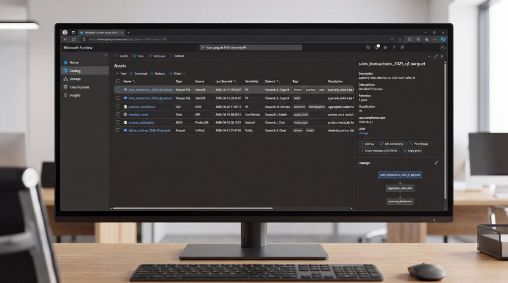 Écran d'ordinateur affichant une interface de gestion des systèmes d'information avec des fichiers et des données.